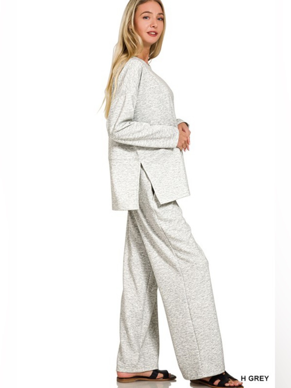 NWT Zenana 2pc Set Heather Grey Super Soft SCUBA SIDE SLIT TOP & PANTS SET